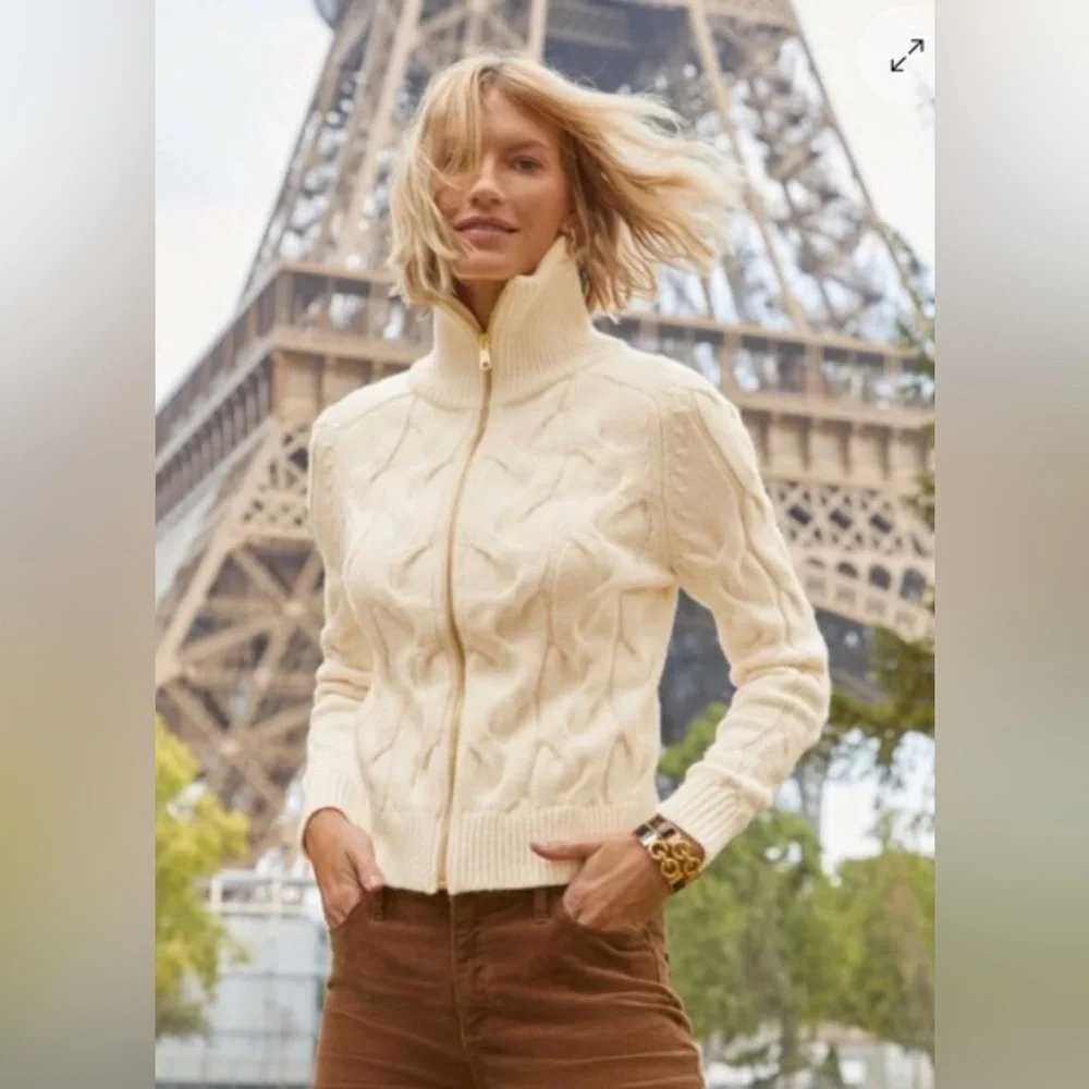 Talbots Sweater Cream Cable Knit Turtleneck Full Zip Cardigan Size XL